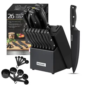 DISHWASHER SAFE MC701 black Knife Sets of 26, Stainless Steel Kitchen Knives Block Set with Built-in Knife Sharpener, Measuring Cups and Spoons