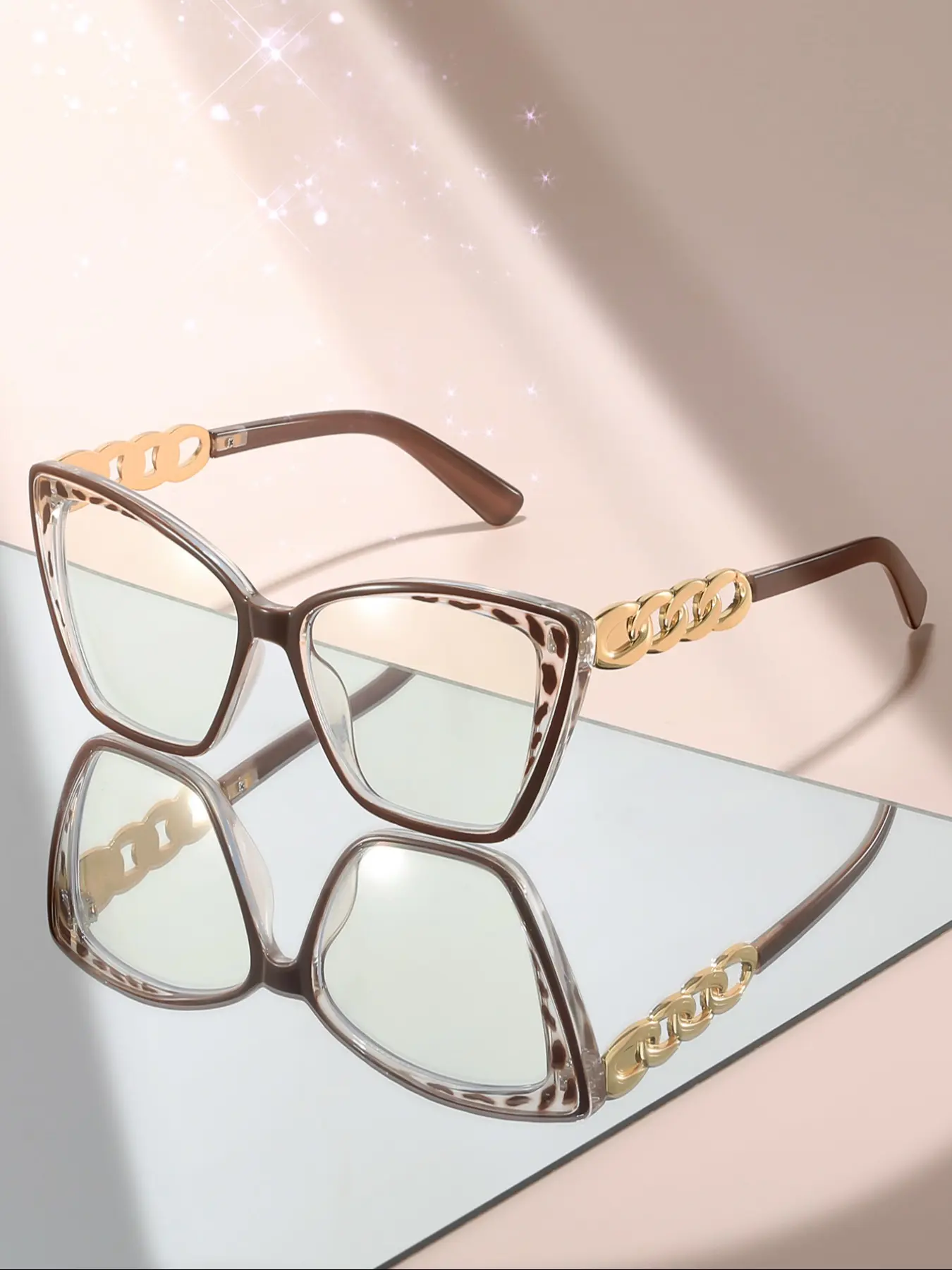 Lazy Leopard Print Chain Flat Mirror, Light Transparent Large Frame, Trendy Frames, Anti-Blue Light, Casual Style, All Seasons
