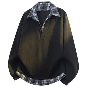 3D Knitted Fabric Patchwork Colorwoven Plaid Fake Two-Piece Shirt Collar Plaid Sweatshirt, Autumn Trendy Brand Loose Casual Versatile Couple’s Top, Solid Color Youthful Popular College Style Long Sleeve Shirt Sweatshirt, Soft Comfortable Fabric, Suitable