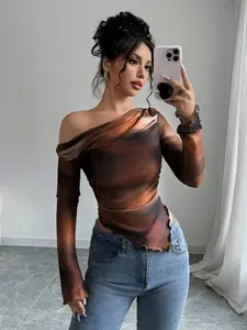 Spring Summer Fall Gradient Mesh One-Shoulder Top, Long Sleeve Irregular Asymmetrical Design, Shoulder Cutout, Casual Streetwear for Women