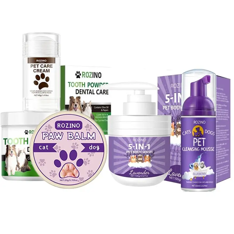 Pet Cleaning Kit, 5 Counts/set Pet Shampoo & Pet Paw Care Cream & Cleansing Mousse & Teeth Powder & Body Wash Set, Pet Grooming Supplies for Dogs & Ca