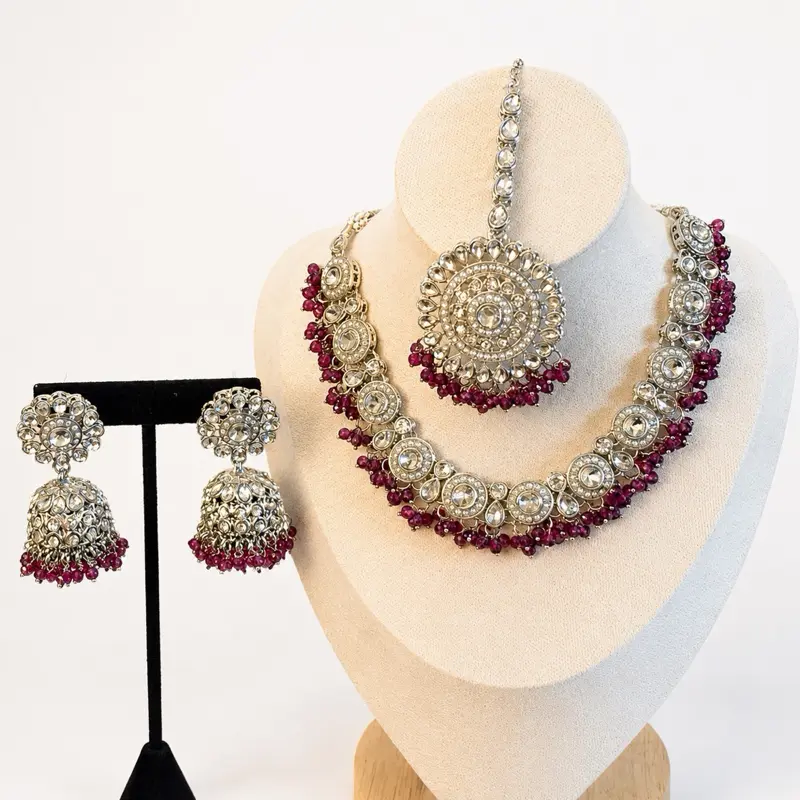 Women's 3-Piece Elegant Design Costume Jewelry Set - Silver Metal Coating Rhinestone, Purple Beads Choker, Earrings & Tika for Versatile Casual Glamour