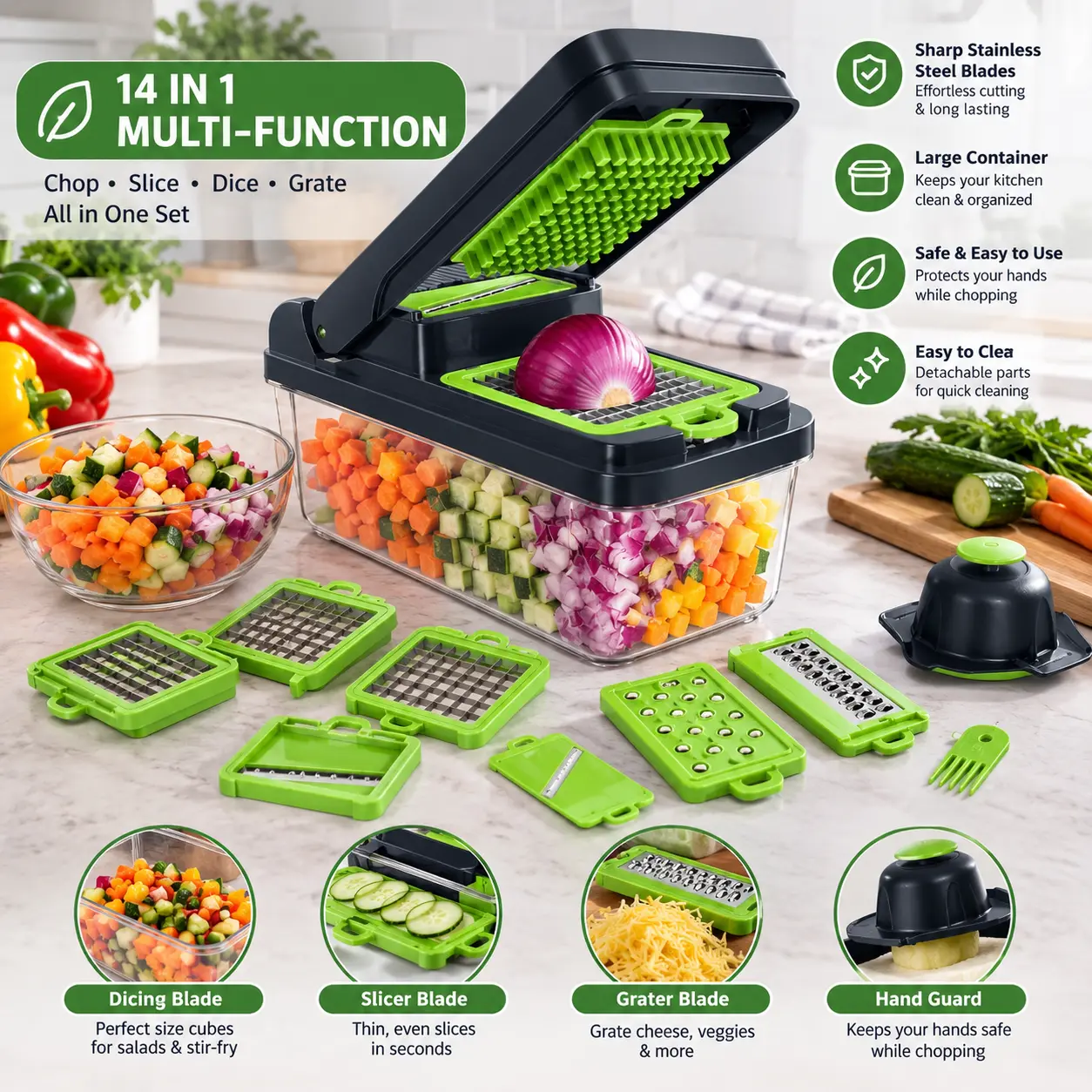 Vegetable Slicer and Dicer Set with 7 Stainless Steel Blades, 14-in-1 Manual Food Chopper, Cheese Grater and Storage Bowl – Green