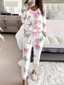 Women's Colorful Butterfly Polka Dot Print Casual Pajama Set, Long Sleeve V Neck Top & Belted Drawstring Pants, Spring & Fall Home Wear Loungewear Sleepwear