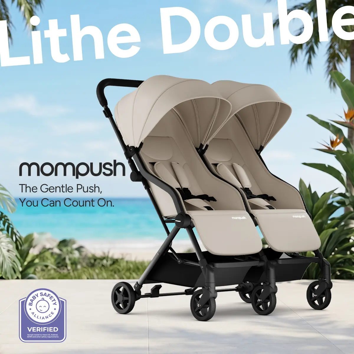 Mompush Lithe Double Stroller for Infant and Toddler, Lightweight Side by Side Twin Stroller, Only 25 lbs, 30-Inch Slim Fit Through Doorways, One-Step Fold, Independent Recline, UPF 50+ Canopy