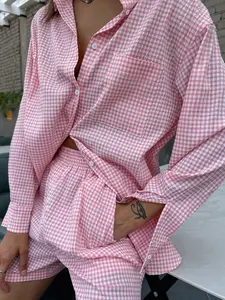 Plaid Bubble Satin Set, Loose Fit Shirt High Waist Shorts, Lazy Style Two Piece, Comfortable and Stylish