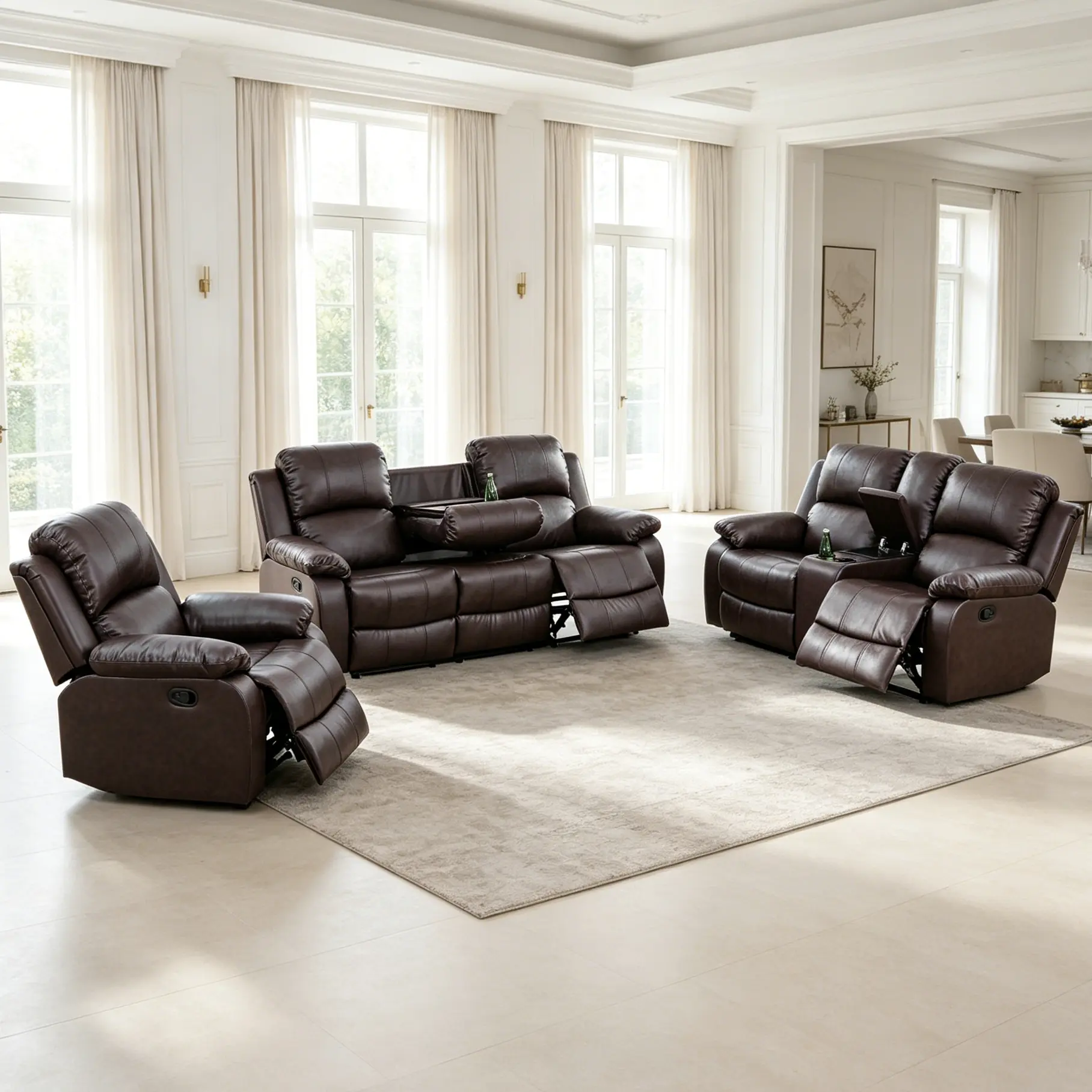 Retro Semi-PU-PVC Faux Leather Convertible Chaise Conversation Sofa Set - Indoor Lounge Furniture, Delicate Leather-Like Texture, Low-Maintenance, Quick Clean-Up, Adjustable Arms, Assembly Required, Ideal for Daily Relaxation, Casual Home Gatherings,sohoc