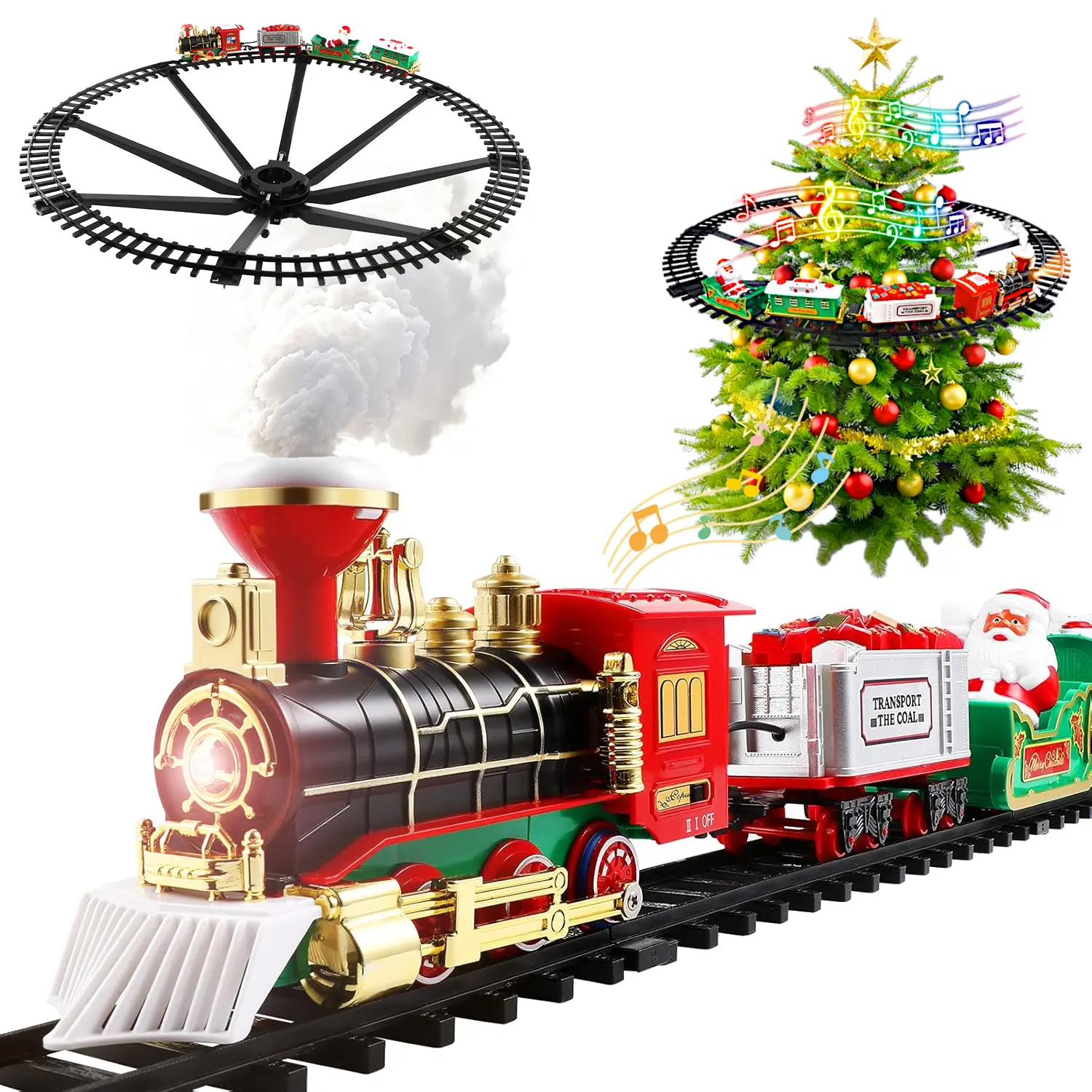 Retro Electric Christmas Hanging Train Set, Tree-Mounted Track Railway with Santa-Carriage & Locomotive Tender, Smoke Effect, Sound & Light Features, Kids' Toy Model, Holiday Home Decor Gift