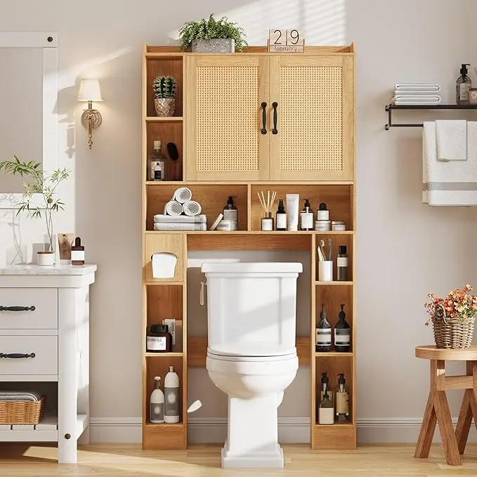 [tiktokshopbacktoschool] Vabches Farmhouse Rattan Over-The-Toilet Storage Cabinet - 2 Rattan Doors, Toilet Paper Holder, Space-Saving Oak Bathroom Organizer, Oak Bathroom Organiser