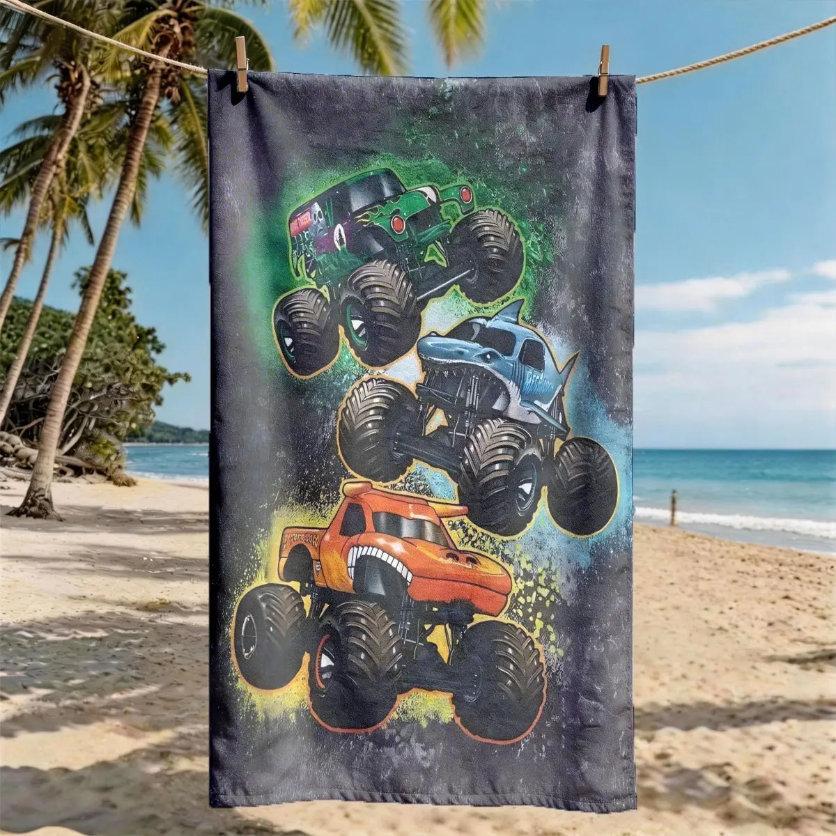 Gradient Skull Shark Flame Monster Truck Print Beach Towel, Super Size, Skin-Friendly, Absorbent, Quick-Dry, Perfect for Beach, Pool, Summer Outdoors