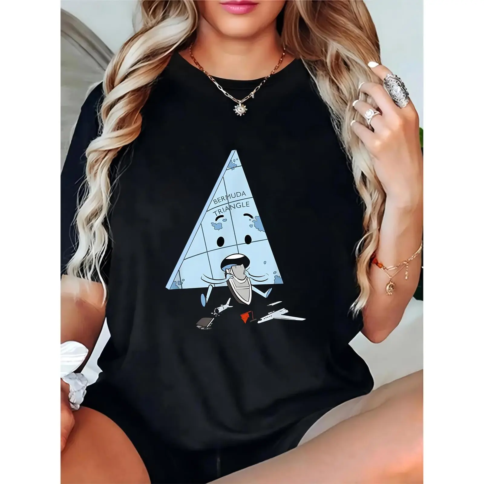 Women's Black T-Shirt with Playful Bermuda Triangle Cartoon Boat & Plane Graphic - Casual Daily, Beach, Vacation Outfit for Women