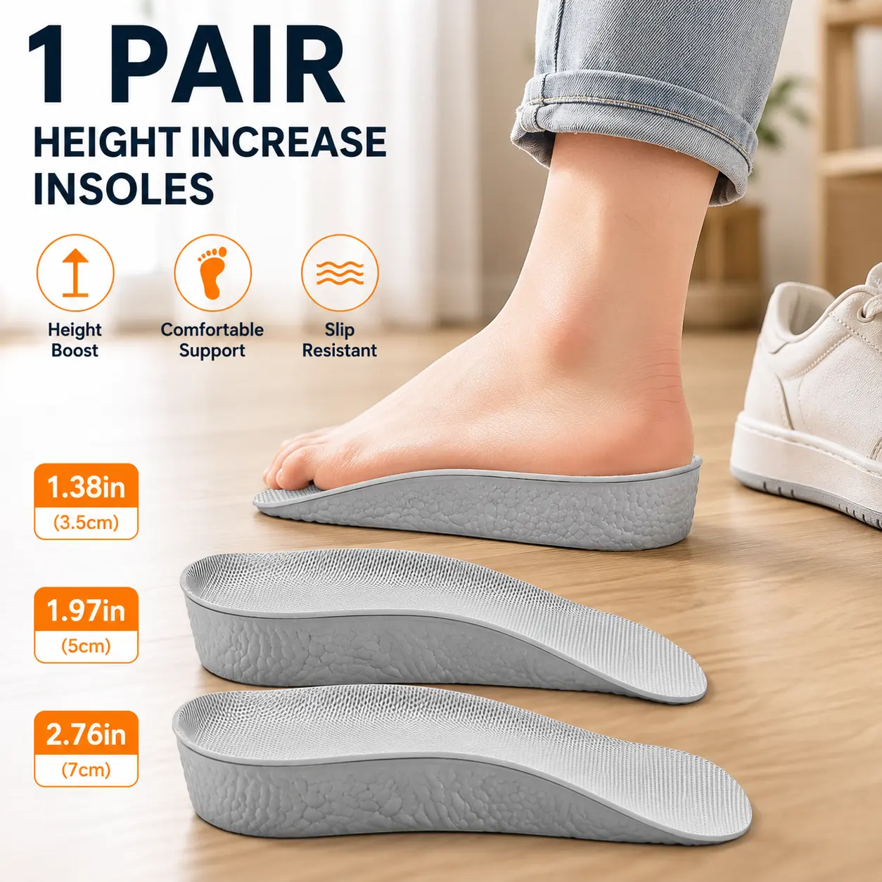 EVA Height Increase Insoles for Men & Women, 1.5CM, 2.5CM & 3.5CM Heel Lift Inserts, Lightweight Shock Absorbing Shoe Cushions for Sneakers, Boots & Everyday Shoes