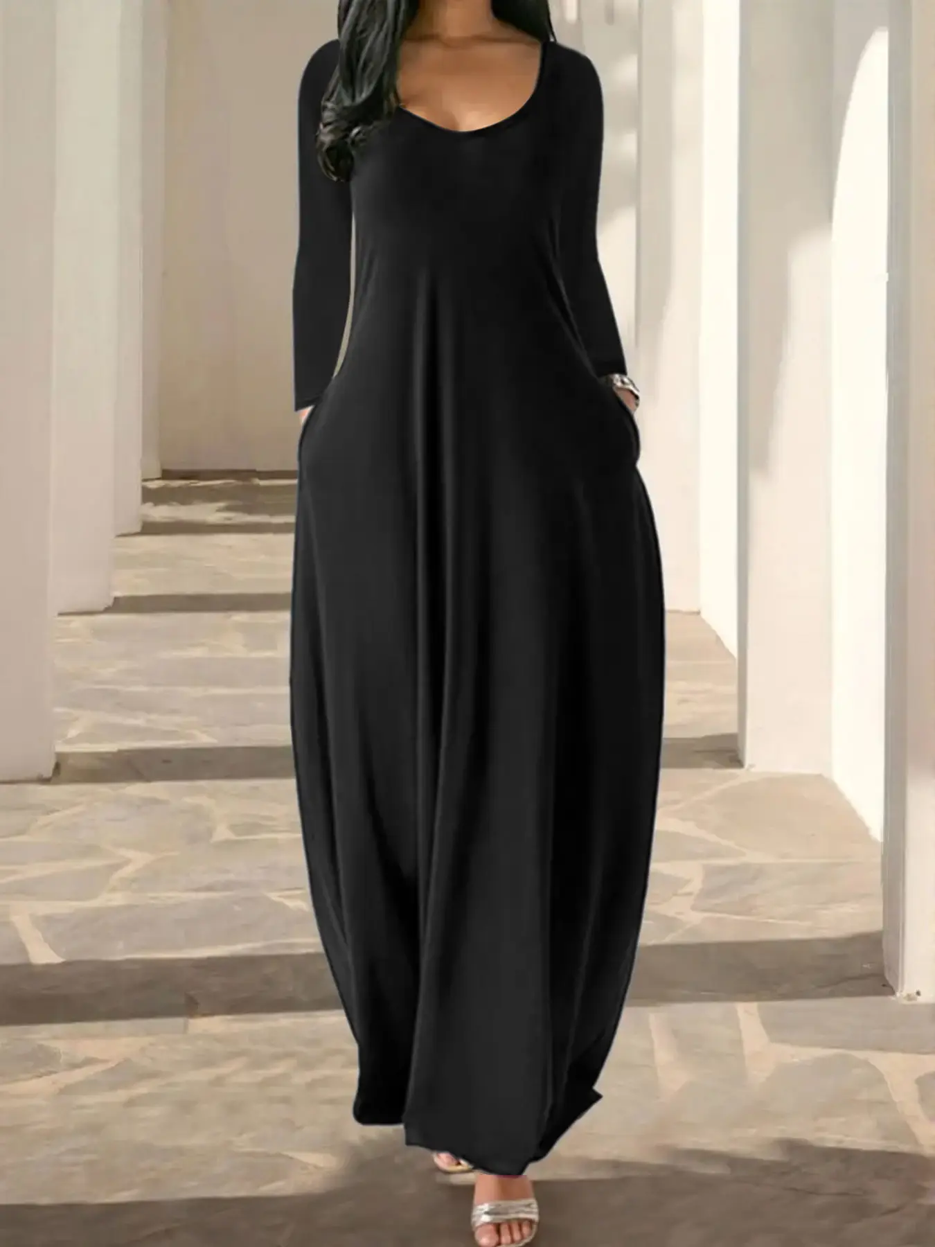 Women's Long Nightgown, Coffee Leopard Print, Round Neck Long Sleeve Pocket Sleepwear, Soft Comfortable All-Season Loungewear