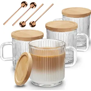 4 PACK Glass Coffee Mugs with Handle & Spoon, 12 OZ Glass Coffee Cups with  Lid, Ribbed Glass Cups, Clear  Cup for Hot/Cold Beverages, Glassware Set for , Latte, Cappuccino