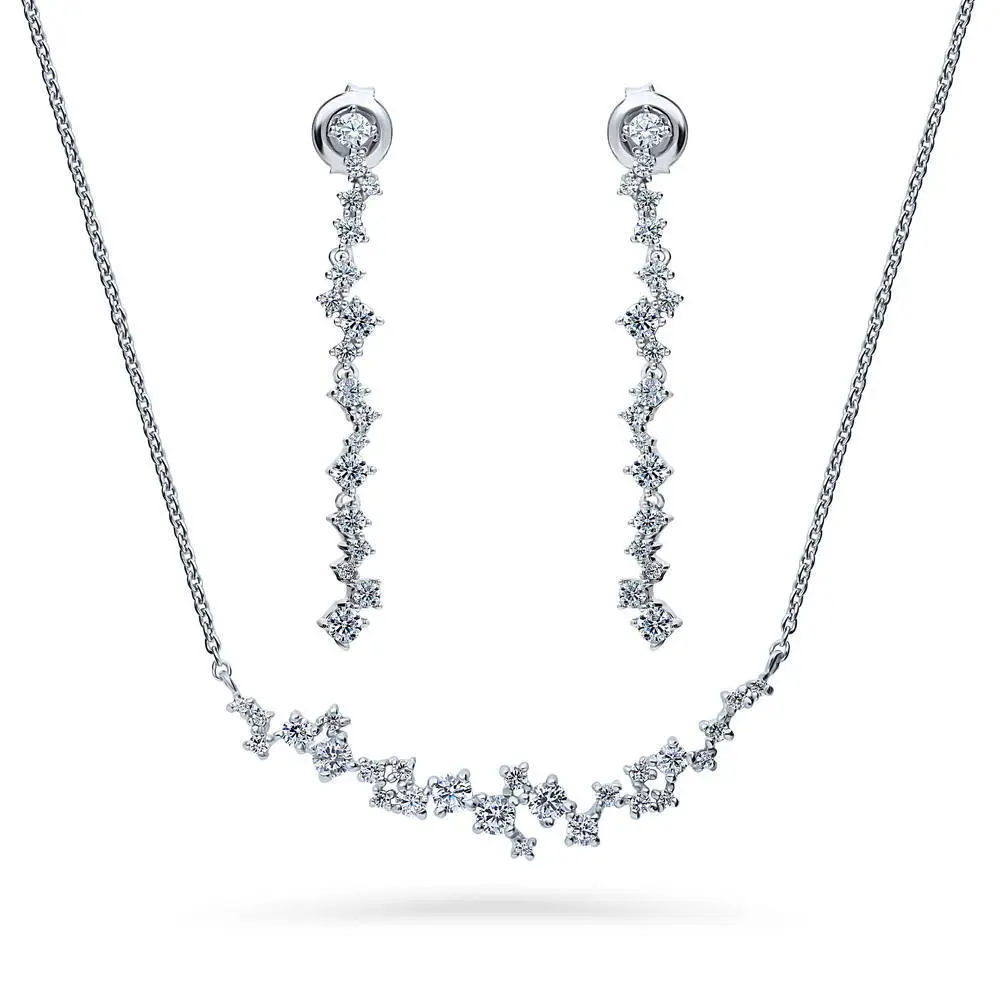 BERRICLE Sterling Silver Cluster Bar Necklace and Earrings Set for Women, Cubic Zirconia CZ