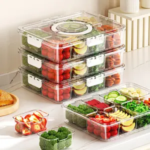 Mess-Free Stackable Snackle Box Container, 8 Compartment Divided Serving Tray with Lid & Portable Handle, BPA-Free Food Organizer for Fridge Storage, Picnics, Parties, Travel & Meal Prep