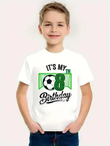 Boys' Casual T-Shirt with a Soccer Design, Short Sleeves, Round Neck, Featuring The Phrase 'This Is My 8Th Birthday', Perfect for Spring And Summer Leisure Wear.