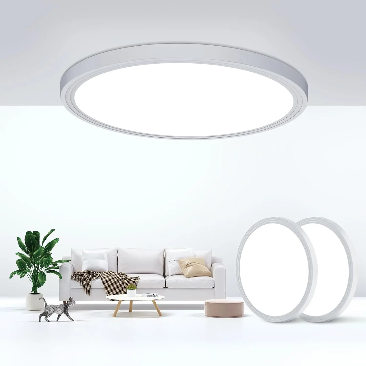 2PCS Minimalistic Flush Mount LED Ceiling Light Fixtures, 24W Ultra-Thin Round White Flat ABS Plastic Lamps, 6000K 2200LM Flicker-Free for Bedroom, Laundry Room, Damp Rooms, Basement
