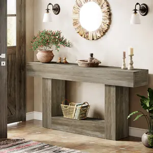 LITTLE TREE  63" Console Table, Farmhouse 2-Tier Entryway Table with U-Shaped Base, Narrow Long Wood Sofa Table Behind Couch Table for Living Room, Hallway, Foyer