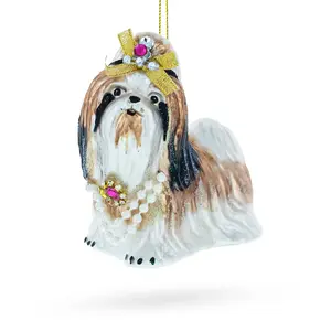 Glam Terrier with Jeweled Bow Blown Glass Christmas Ornament