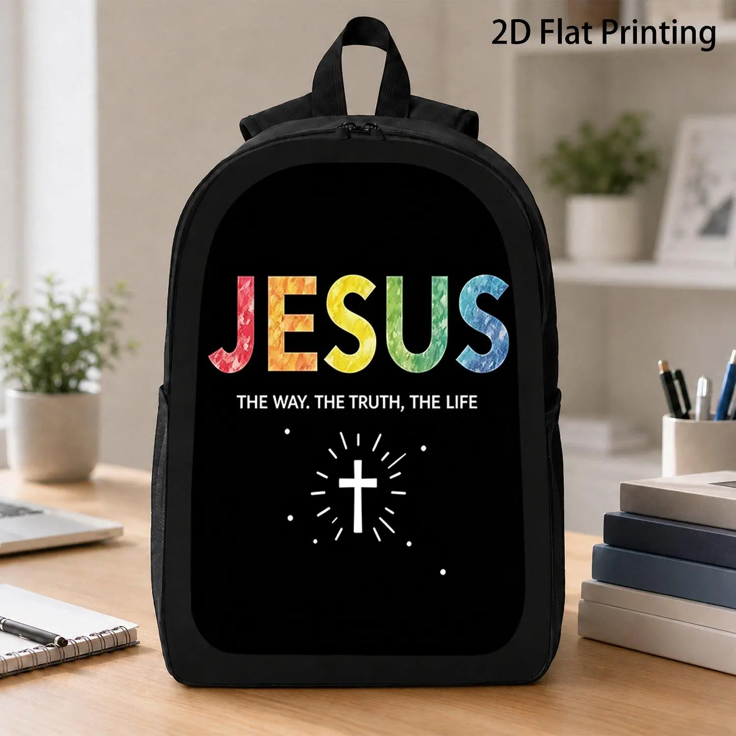 1pc Jesus-Themed Backpack with Radiant Cross & "The Way, Truth, Life" - Large Capacity Lightweight Bag, Straps, Travel Bookbag Suitable for Church, Study