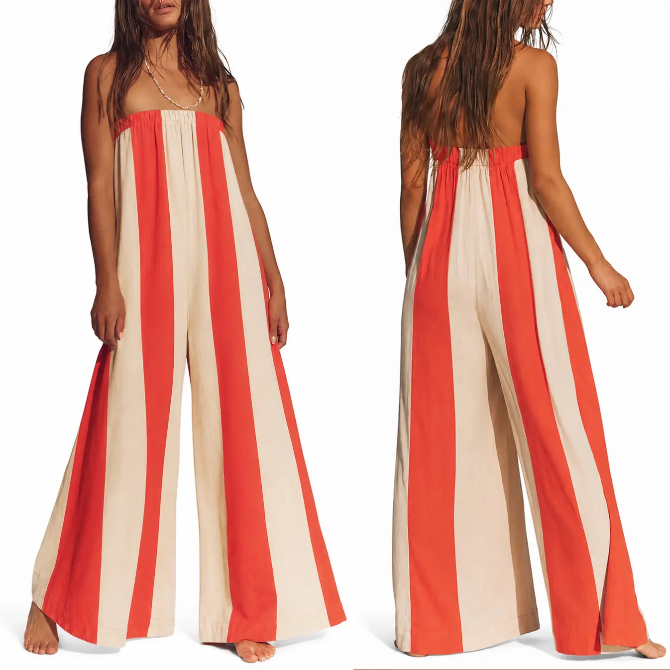 Woman's Red Beige Striped Tube Top Jumpsuit Summer Beach Vacation Casual Loose Wide Leg Pants Overalls Cotton Linen Breathable Comfortable