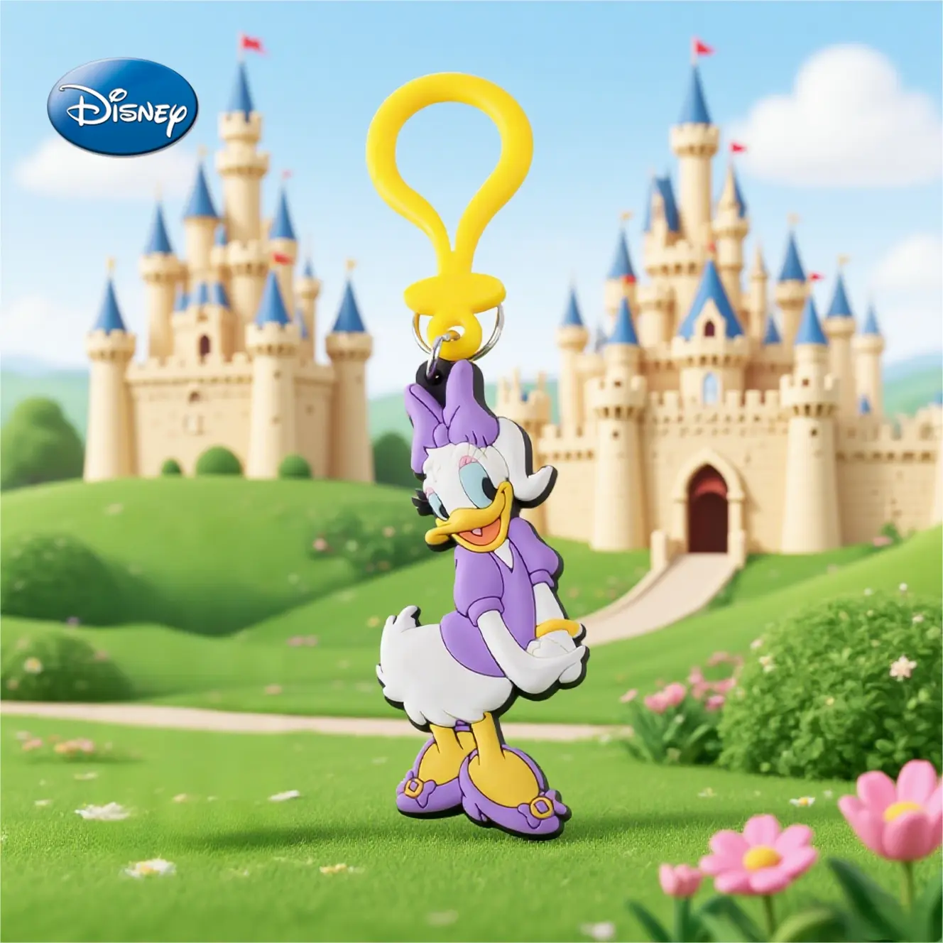 1PC Disney Officially Licensed Daisy Duck PVC Keychain Cute Cartoon Bag Charm Keychain Essential Fashion Accessories For Commuting Trips Christmas Valentine's Day Party Favor Keychain The Best Gift For Disney Fans Authentic Keychain