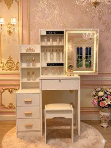 White LED Lighted Makeup Vanity Table Set with Sliding Mirror, 3 Drawers, Storage Shelves & Cushioned Stool, Smart Aesthetic Small Space Furniture for GRWM