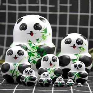 Cute Animal Panda Bamboo Handmade Wooden Russian Nesting Dolls Matryoshka Doll Set, 10 Pieces Children Toy Home Decoration