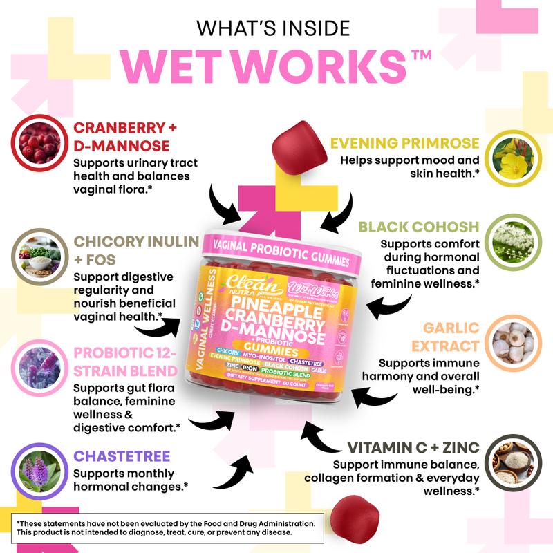 Clean Nutra Pineapple, Cranberry, D-Mannose, Chicory, Myo-Inositol, Chaste Tree & More for Women's Probiotic & Feminine Wellness Support Gummies – WetWorks