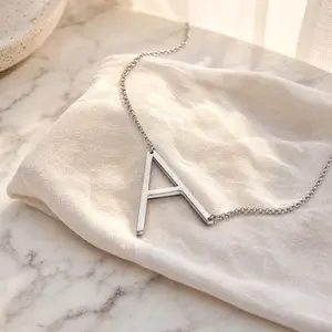Plated Script Letter Necklace – Large Big Name Monogram Pendant, Stainless Steel Bold Initial Necklace for Women, Trendy Statement Jewelry Gift for Birthday