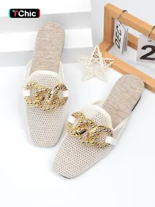 Women's Fashion Slip-On Sandals, Metal Chain Design, Breathable Mesh Upper, Eva Sole, Summer Casual Beach Shoes, Slip On Mules