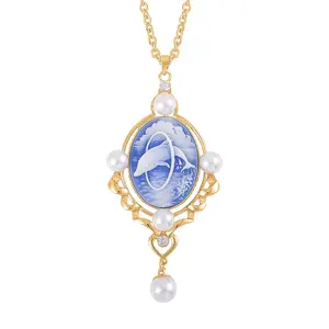 Blue Color Cameo White Crystal  Goldtone Carved Necklace for Women Jewelry for Women Size 20.5-22.5" Ct 4.92 Birthday Christmas Gifts