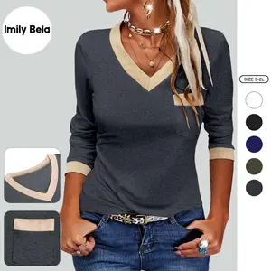 Imily Bela Womens V Neck Long Sleeve Tops Color Block Basic Casual Tunic Shirts with Pockets