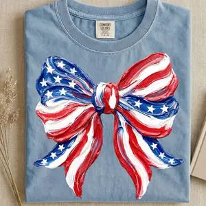 Comfort Colors Patriotic Bow Shirt, Hand-Painted USA Flag Bow, 4th of July Bow Shirt, American Pride Shirt Design Coquette Bow