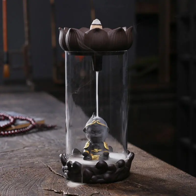 Ceramic Backflow Incense Burner, Monkey King Figurine Incense Burner with Acrylic Windproof Cover, Home Decorations, Home Fragrance Supplies, Scented