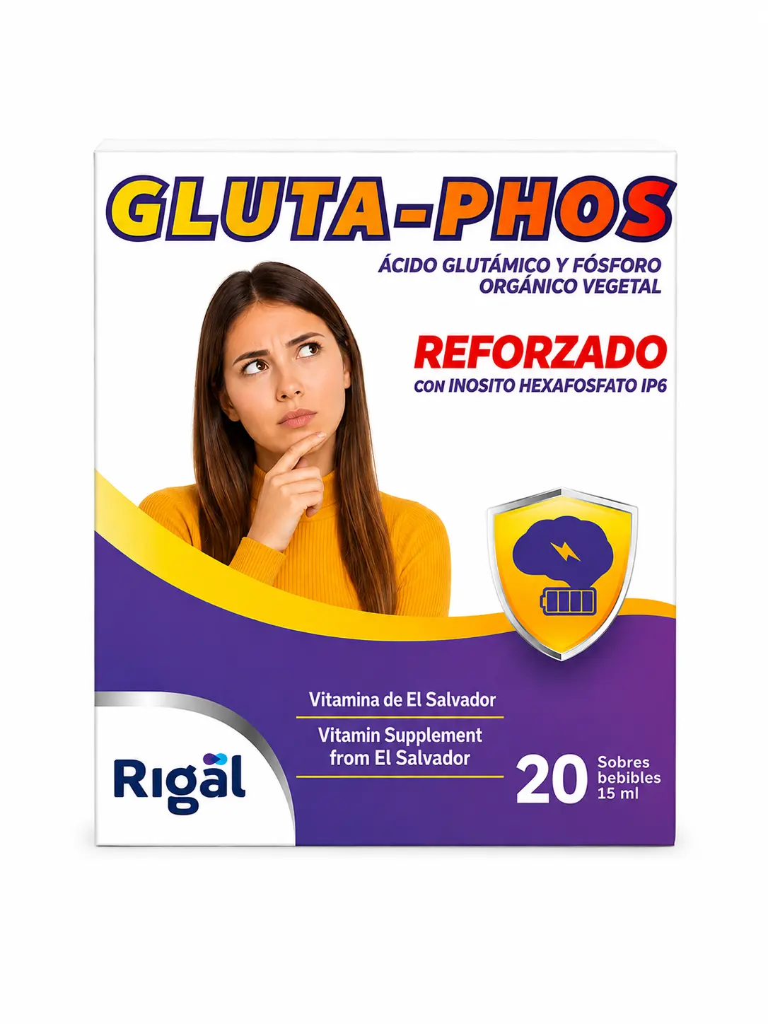 Gluta-Phos Reforzado - Vitamina de El Salvador Fuera Estres - 20 Bebibles - Complejo de Vitaminas B - Vitamin B Super Complex - 20 Liquid Sachets for Daily Support
