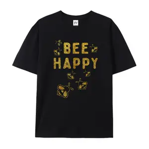 100% cotton short-sleeve shirt，"Bee Happy" Gold Glitter Effect Bee Printed Graphic Oversized Cotton T-Shirt, Inspirational Fashion Outfit, Casual Summer Tee, Great Gift for Bee Lovers, summervibes