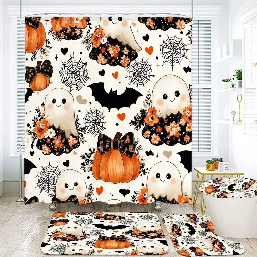 4pcs Halloween Ghosts & Pumpkins Printed Shower Curtain Set for Bathroom Decor, Cartoon Smiling Ghosts Plaid Bows Orange Pumpkins Bat & Spiderweb Pattern with Matching Bath Mat Rugs (4-Piece) Print, Cozy Fall Halloween TikTok Trending