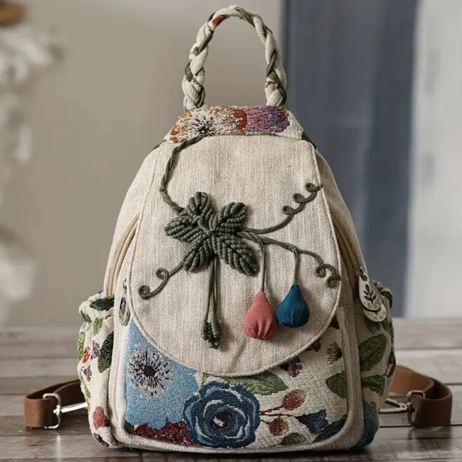 Women's Lightweight Embroidered Crossbody Daypack Backpack - Artistic Design