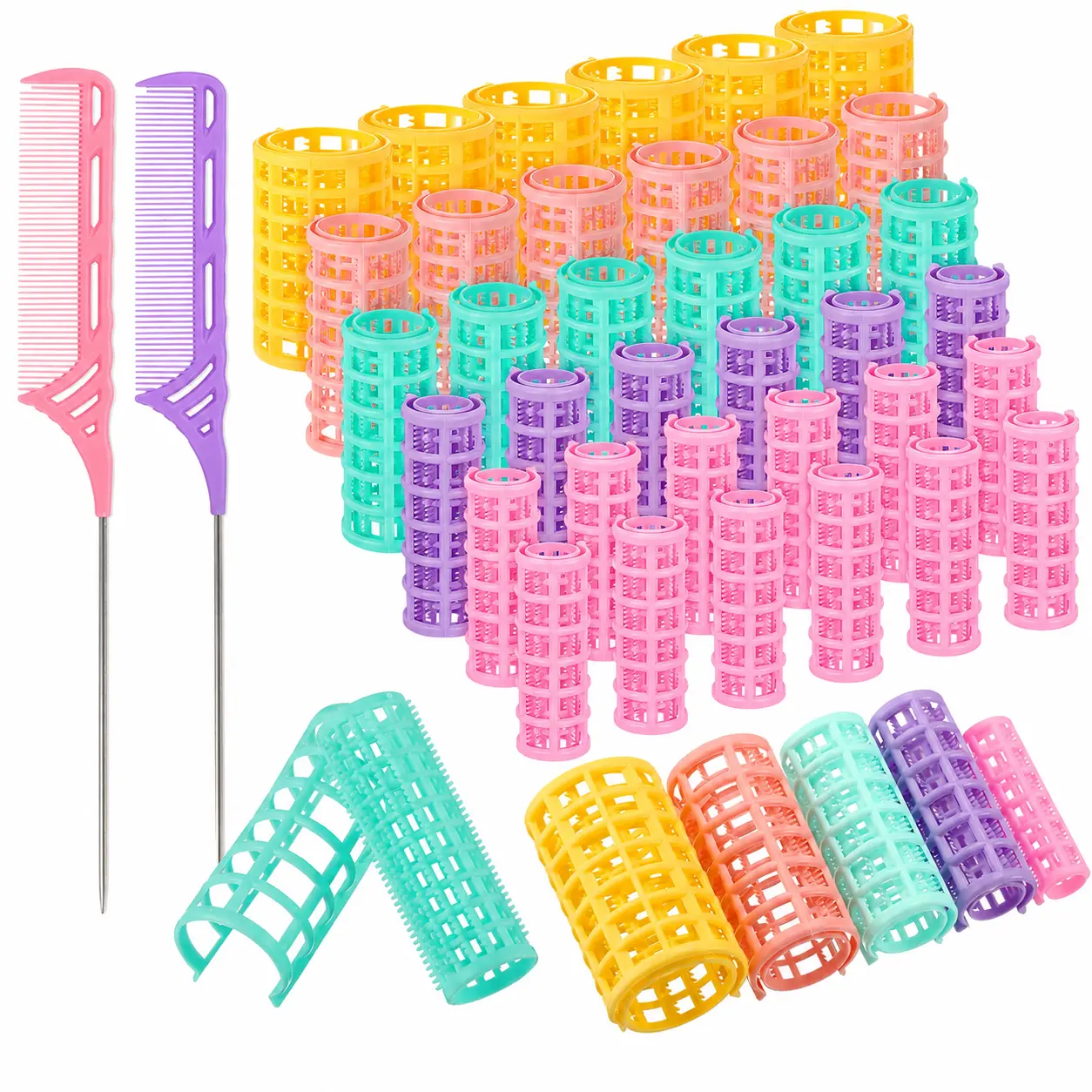 Plastic Self Grip Hair Rollers, 38-Piece Durable Home Hair Kit with Heatless Curlers in 5 Sizes & Pintail Combs