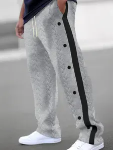 Men's Textured Cable Knit Track Pants, Elastic Drawstring Waist Straight Leg Sweatpants, Side Striped & Button Design Casual Streetwear Trousers with Pockets