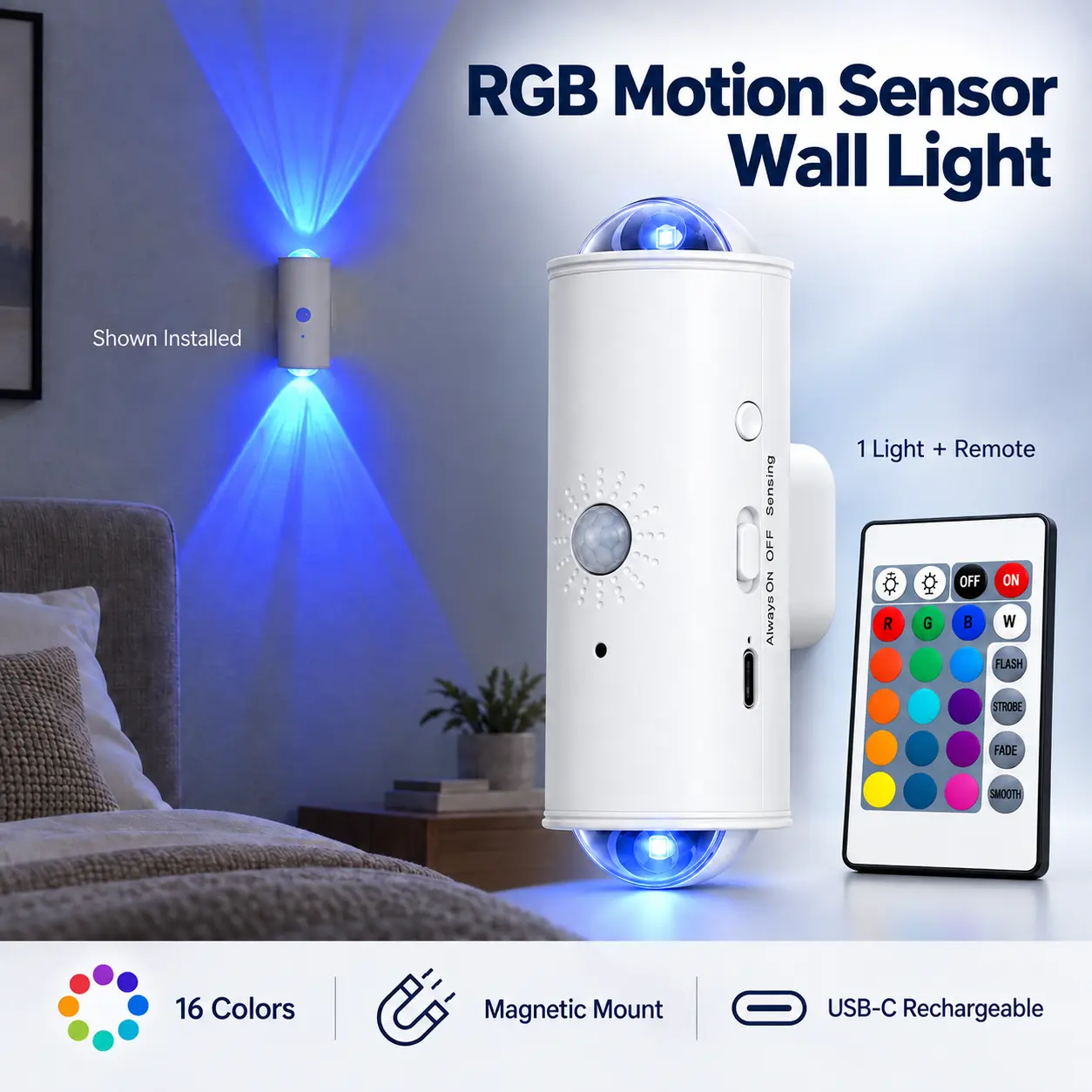 PINKART RGB Wall Sconce - ABS Plastic LED Spotbar, Indoor Motion-Sensor Magnetic Rechargeable Wireless Light with Remote, Dual-Head Up-and-Down Mood Lighting, Cordless Lights for Bedroom, Hallway
