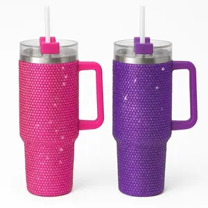 THIRSTEE Rhinestone 40oz Stainless Steel Insulated Tumbler with Handle and Straw – (Purple & Pink )– Travel Cup for Hot and Cold Beverages Pack of 2