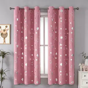 Star Moon Foil Print Blackout Curtain, Cartoon Polyester Texture Drapes for Bedroom & Living Room, All-Season Home Decor