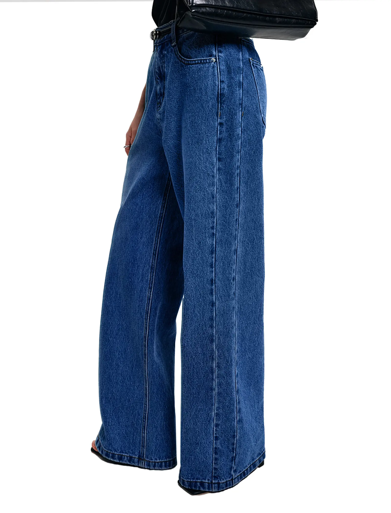 Double-sided Sewn Casual Knitted Denim，High Waisted Straight Leg Jeans for Women，Stretch Knit Denim Wide Leg Pants Relaxed Fit Boyfriend Jeans with Pockets