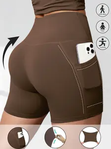Women's Summer High-Waisted Pocket Gym Shorts, Tightening Butt-Lifting Fitness Pants, Elastic Short with Phone Pouch