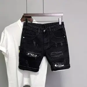 SummerMen'sBlackHoleStickersSlimDenimShortPantsKoreanFashionHipHopLeggingsMenBlackJeansShortsMenswearTrouserStreetwear