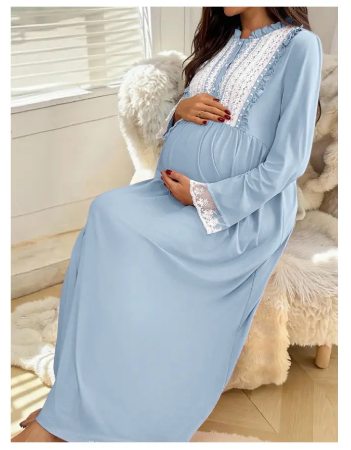 Casual Long Sleeve Lace Patchwork Floral Trim Maternity Dress,Maternity Pjs ,Pajama Dress ,Loungewear,Nightgown Fall