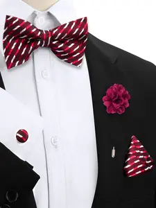 Men's Bow Tie Hankerchief Cufflinks Brooch Set Casual Comfortable Polyester Fabric Striped Bow Tie Accessories
